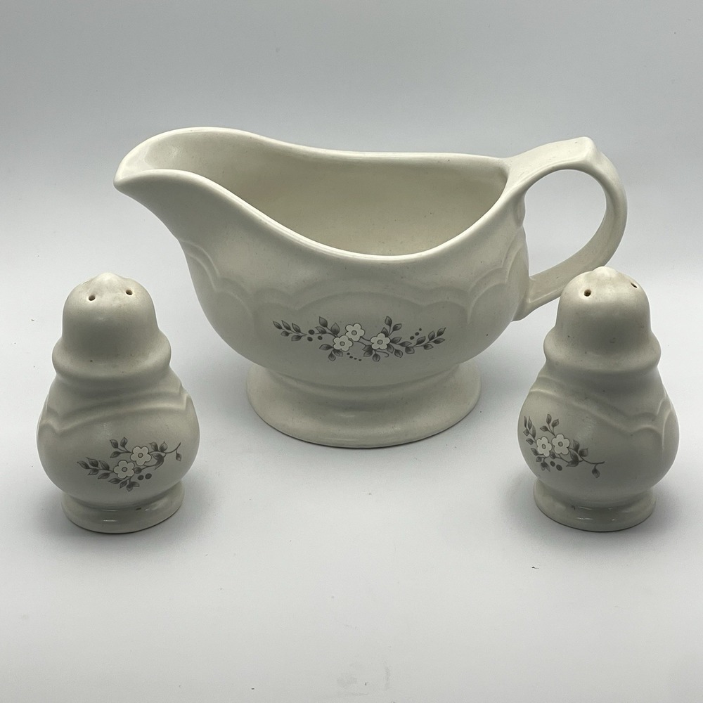 Pfaltzgraff Village Gravy Boat and Salt and Pepper Shakers Set Stoneware Grey